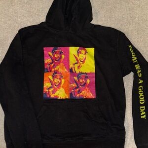 Black Graphic Ice Cube Hoodie with writing on sleeve
